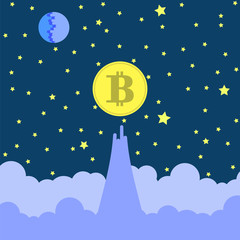 Yellow Bitcoin Icon on Blue Sky Background