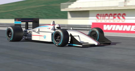 White Racing Car Crossing Finish Line And Winning The Race - High Quality 3D Rendering With Environment