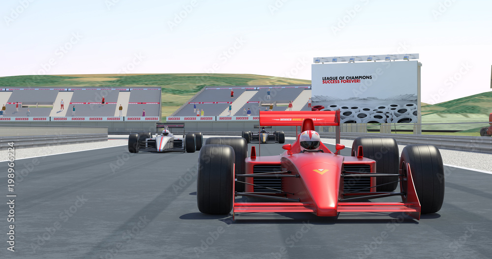 Poster racing cars getting ready for racing - high quality 3d rendering with environment
