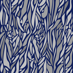 Vector Abstract seamless pattern with curved spots. Drops in different gray colors on dark-blue background. Modern graphic design.