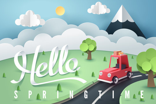 Paper art of red car stop at country road near forest and mountain with Hello Spring calligraphy hand lettering