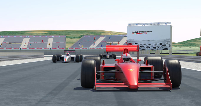 Racing Cars Getting Ready For Racing - High Quality 3D Rendering With Environment