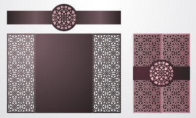 Laser cut ornamental vector template. Luxury Greeting card, envelope or wedding invitation card template, belly band with mandala. Die cut paper gate fold card with openwork ornament.