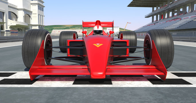 Red Racing Car Getting Ready For Racing - High Quality 3D Rendering With Environment
