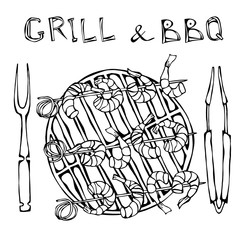 Srimpes Kebab on a BBQ Grill with Tongs and Fork. Seafood Barbecue Summer Party. Prewen on Wooden Bamboo Skewers for Canape. Realistic Hand Drawn Illustration. Savoyar Doodle Style.