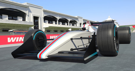 Fototapeta na wymiar White Racing Car Winning The Race - High Quality 3D Rendering With Camera Depth Of Field