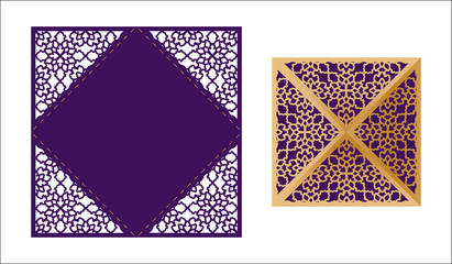 Laser cut ornamental Lace-bordered vector template. Luxury Greeting card, envelope or wedding invitation card template. Four triangular flaps that fold over the square card.