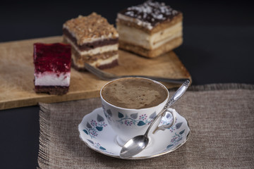Tasty cake and cappuccino