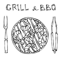 Srimpes Kebab on a BBQ Grill with Tongs and Fork. Seafood Barbecue Summer Party. Prewen on Grill. Realistic Hand Drawn Illustration. Savoyar Doodle Style.