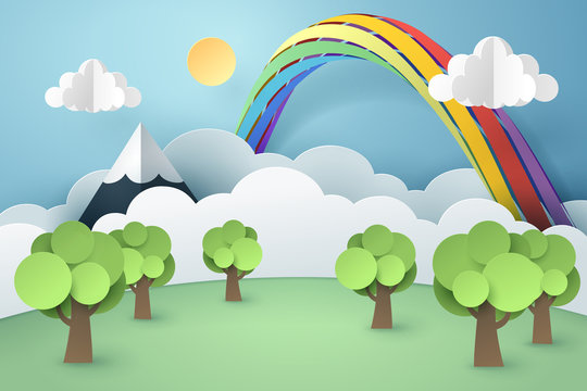 Paper art of forest and rainbow