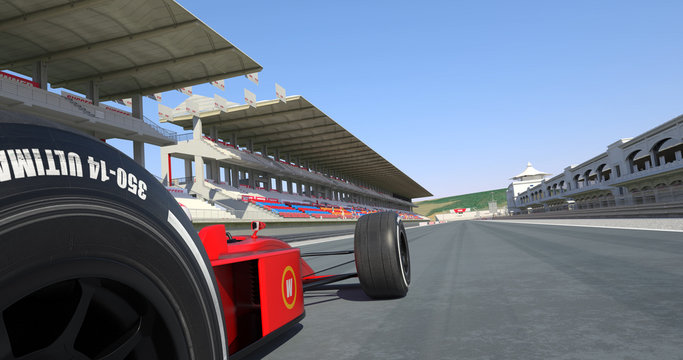 Red Formula Car Crossing Finish Line And Winning The Race - High Quality 3D Rendering With Environment