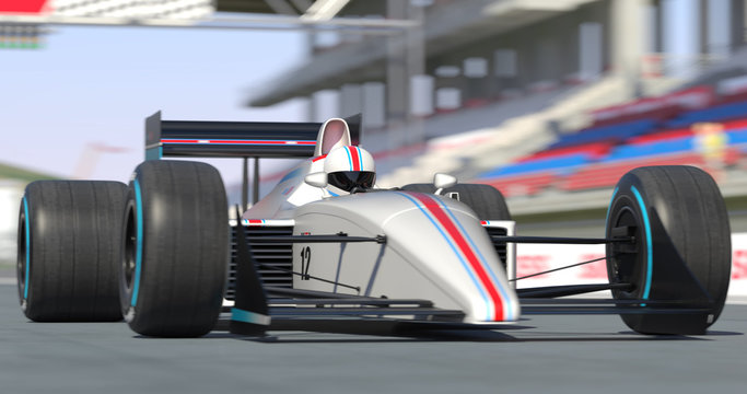 White Racing Car Getting Ready For Racing With Depth Of Field - High Quality 3D Rendering With Environment