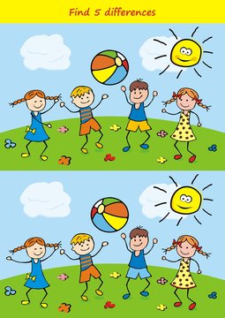 Board game for kids, find five differences. Vector Image.