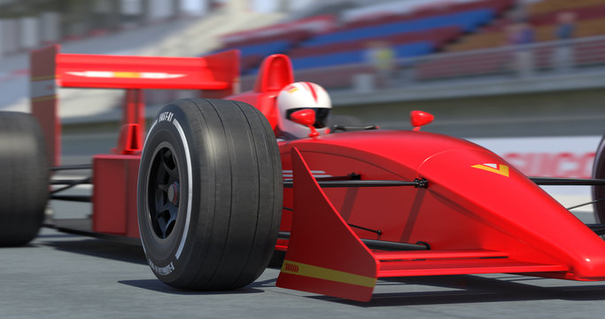 Close Up Red Racing Car Getting Ready For Racing With Depth Of Field - High Quality 3D Rendering With Environment