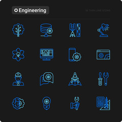 Engineering thin line icons set: engineer, electronics, calculations, tools, repair, idea, it server. Modern vector illustration for black theme.