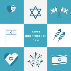Israel Independence Day holiday flat design icons set with text in english