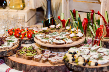 holiday buffet table served by different canape, sandwiches, snacks ready for eating in restaurant. Traditional Ukrainian food