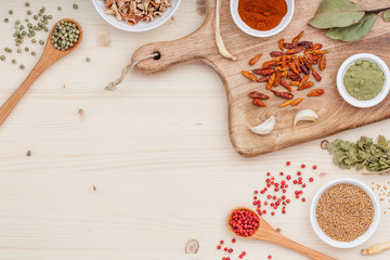 spices and herbs on kitchen wooden table background with copy space for text. food, cooking and restaurant concept. flat lay frame composition, top view