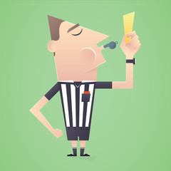 Soccer / Football Referee Show Yellow Card And Blows Into Whistle.