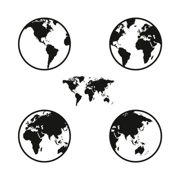 World map on globe from different sides, simple black icons on white