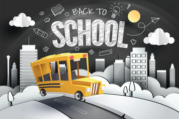 Paper art of school bus running out from city to school with blackboard - 198969481