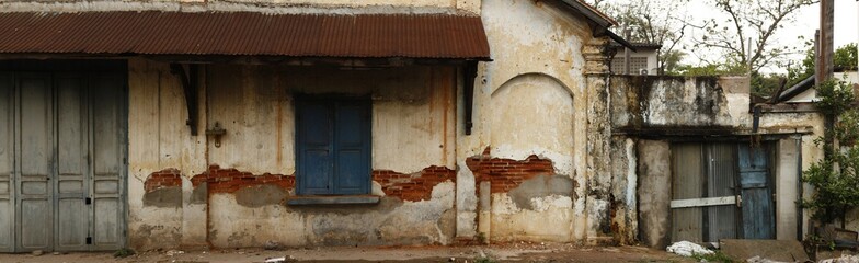 panoramic view of a cracked and eroded wall on an old vintage shop front in Laos, Southeast Asia