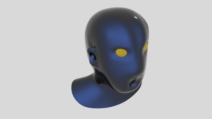 the head of an alien, made of blue carbon fiber