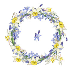 Round garland with spring flowers scilla and daffodils. Decorative saeson floral frame for festive design