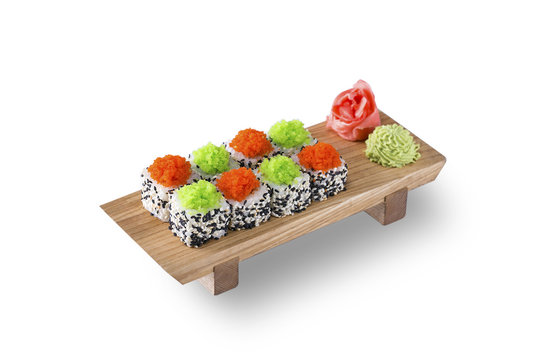 Sushi roll on wooden plate