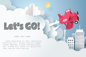 Paper art of red air plane flying out from cloud with let's go text and copy space, Origami idea and start up or adventure concept - obrazy, fototapety, plakaty