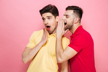 Portrait of an excited gay couple telling secrets