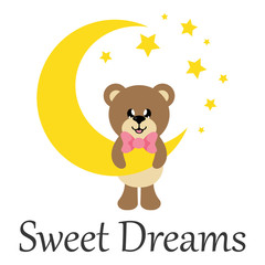 cartoon cute bear with tie and moon with text