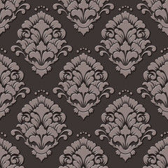Vector volumetric damask seamless pattern background. Elegant luxury embossed texture for wallpapers, backgrounds and page fill. 3D elements with shadows and highlights.