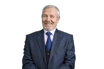 Portrait of smiling senior businessman. Old man in suit in white isolated background.