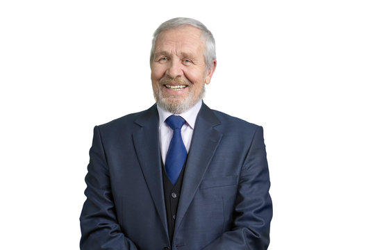 Portrait Of Smiling Senior Businessman. Old Man In Suit In White Isolated Background.