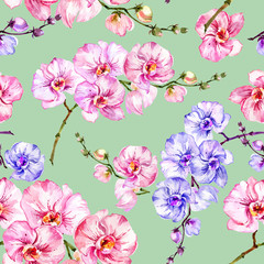 Fototapeta na wymiar Blue and pink orchid flowers on light green background. Seamless floral pattern. Watercolor painting. Hand drawn illustration.