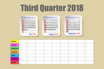 Calendar for the third quarter of 2018 year with the weekly schedule