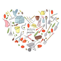 Heart shape made of different gardening tools. Object for growing plants  isolated on white background