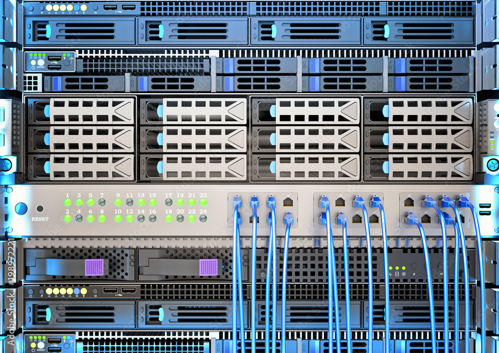 Aufkleber network, internet and cloud data storage technology concept, closeup view of telecommunication equip