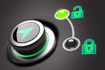 Open and close data access control switcher, security concept, knob button with icons of locked and...