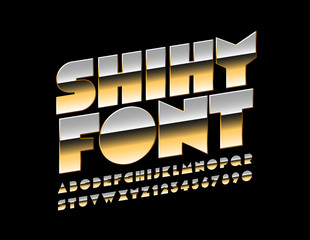 Vector Golden rotated Shiny Font. Stylish Modern Elite Alphabet Letters, Numbers and Symbols