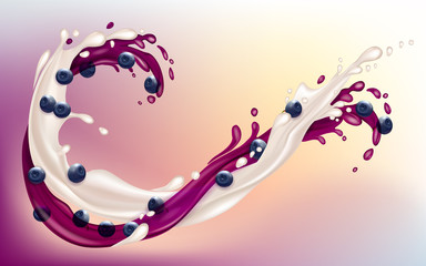 Blueberry and yogurt. Fruits and splashes. Splashes of milk and blueberry jam are intertwined. Transparent blueberry splash. Realistic Vector illustration.