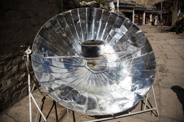 Solar cooker in the Kagbeni village in Nepal. Himalayas, Annapurna circuit trek