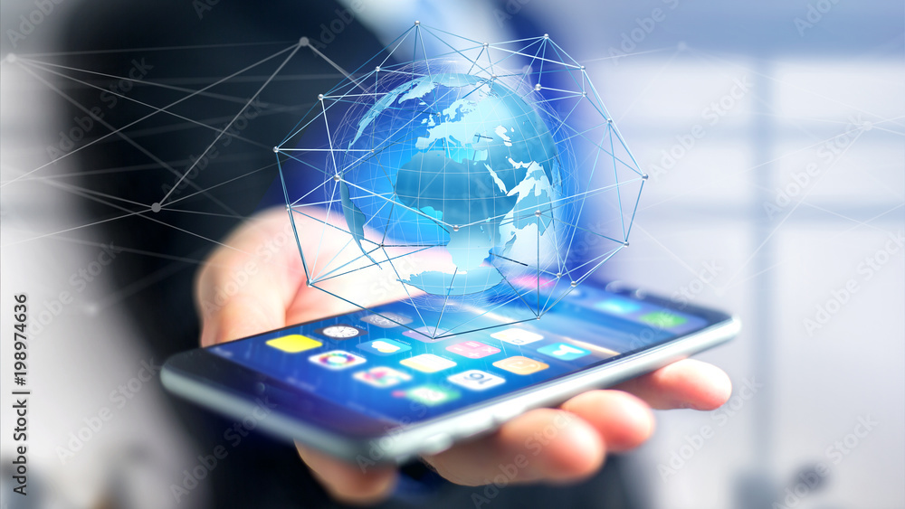 Poster businessman using smartphone with a connected network over a earth globe concept on a futuristic int