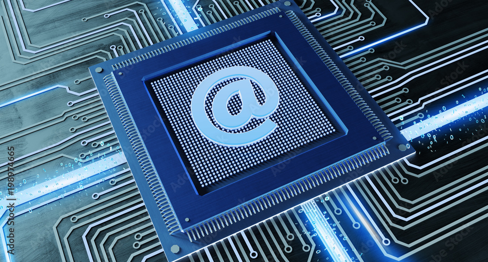 Poster cpu processor chip with a email and network connection on a circuit board - 3d render