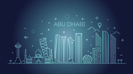 Abu Dhabi city line art Vector illustration with all famous buildings. Cityscape.