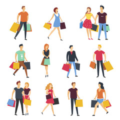 People shopping with shop bags vector cartoon flat isolated icons set