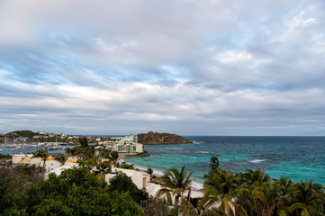 Philipsburg, sint maarten town on seascape. View of tropical beach, blue sea on cloudy sky, nature....