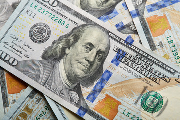 Macro shot of a 100 dollar. Dollars Closeup Concept. American Dollars Cash Money. One Hundred...