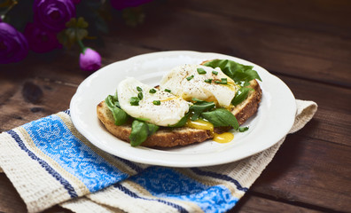 Tasty poached egg on toast over rustic background